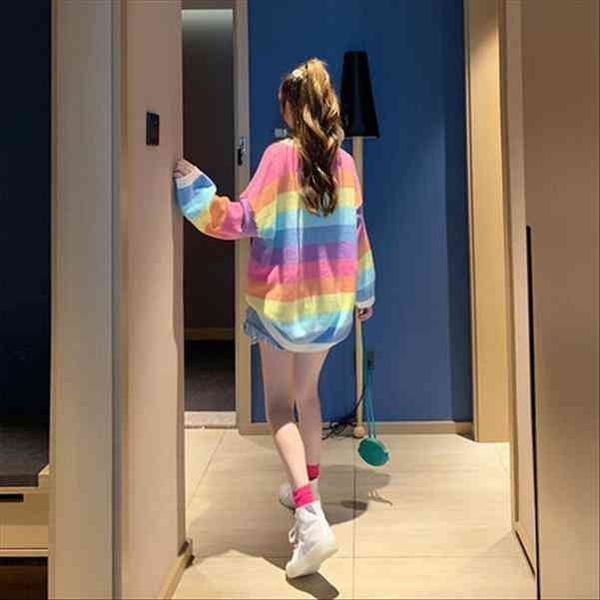 rainbow striped womens sweater loose womens lazy style winter fashion korean pullover sweater top, White;black
rainbow striped womens sweater loose womens lazy style winter fashion korean pullover sweater top, White;black