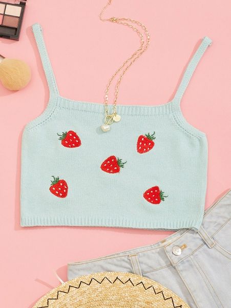 strawberry embroidery cami knit r6al#, White 
strawberry embroidery cami knit r6al#, White