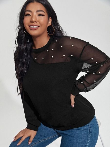plus mesh panel pearls detail sweatshirt 94zr#, Black
plus mesh panel pearls detail sweatshirt 94zr#, Black