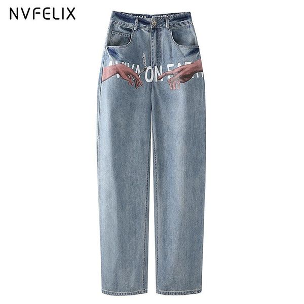 women's jeans high waist autumn korean version was thin and ins tide letter printing loose wide leg straight pants, Blue
women's jeans high waist autumn korean version was thin and ins tide letter printing loose wide leg straight pants, Blue