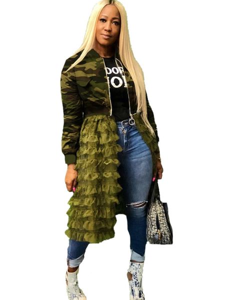 women designer camouflage patchwork long coats and jackets spring autumn printed ruffle mesh hem coat female fall jacket outwear, Black;brown
women designer camouflage patchwork long coats and jackets spring autumn printed ruffle mesh hem coat female fall jacket outwear, Black;brown