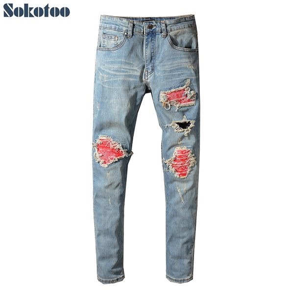 sokotoo men's red printed patch biker jeans for moto skinny patchwork holes ripped stretch denim pants t200614, Blue
sokotoo men's red printed patch biker jeans for moto skinny patchwork holes ripped stretch denim pants t200614, Blue