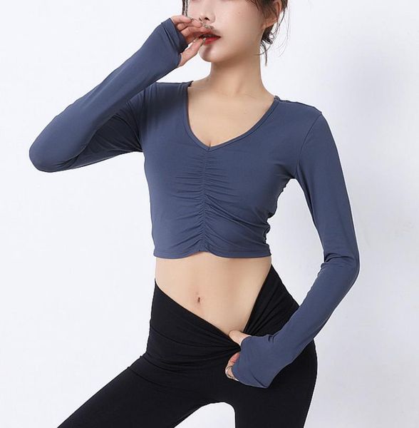 sports with breast pad women's pleated tight yoga long sleeve quick drying fitness clothes navel exposed short t-shirt, Gray;blue
sports with breast pad women's pleated tight yoga long sleeve quick drying fitness clothes navel exposed short t-shirt, Gray;blue
