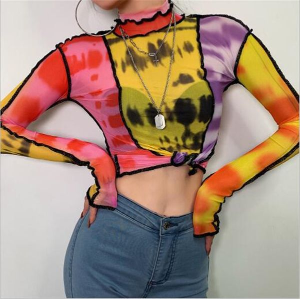 20 new summer women's fashion print stitching high neck long sleeve t-shirt stitching color hem can be tied up, White
20 new summer women's fashion print stitching high neck long sleeve t-shirt stitching color hem can be tied up, White