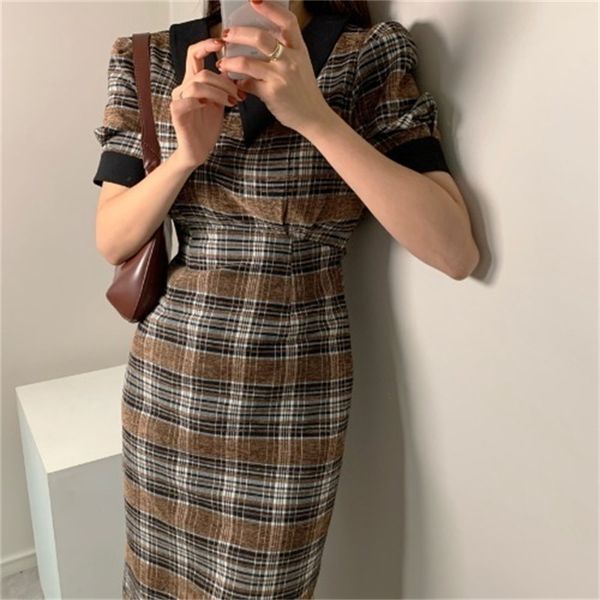 2021 new 2021 early spring new retro plaid puff sleeve dress u95q, Black;gray