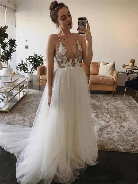 boho wedding dresses spaghetti straps nude lining long trail a line flower appliques bridal gowns vestido de noiva, White
boho wedding dresses spaghetti straps nude lining long trail a line flower appliques bridal gowns vestido de noiva, White
