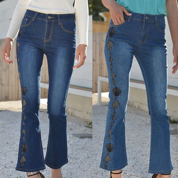 new high waisted embroidered jeans women's slim long flared pants 3517, Blue 
new high waisted embroidered jeans women's slim long flared pants 3517, Blue