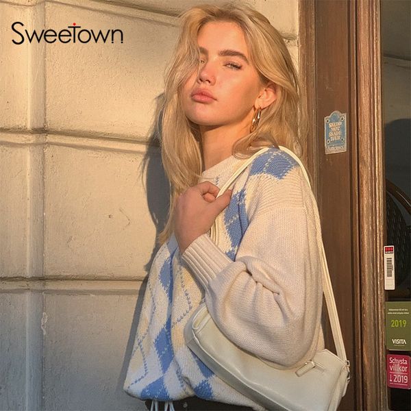 sweetown argyle plaid knitted long sleeve jumpers women england preppy style cute y2k autumn sweaters 90s korean kawaii knitwear c1120, White;black
sweetown argyle plaid knitted long sleeve jumpers women england preppy style cute y2k autumn sweaters 90s korean kawaii knitwear c1120, White;black
