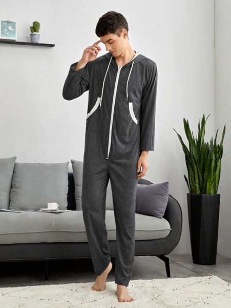 men contrast panel zipper drawstring hooded sleep jumpsuit v9bl#, Black;brown
men contrast panel zipper drawstring hooded sleep jumpsuit v9bl#, Black;brown