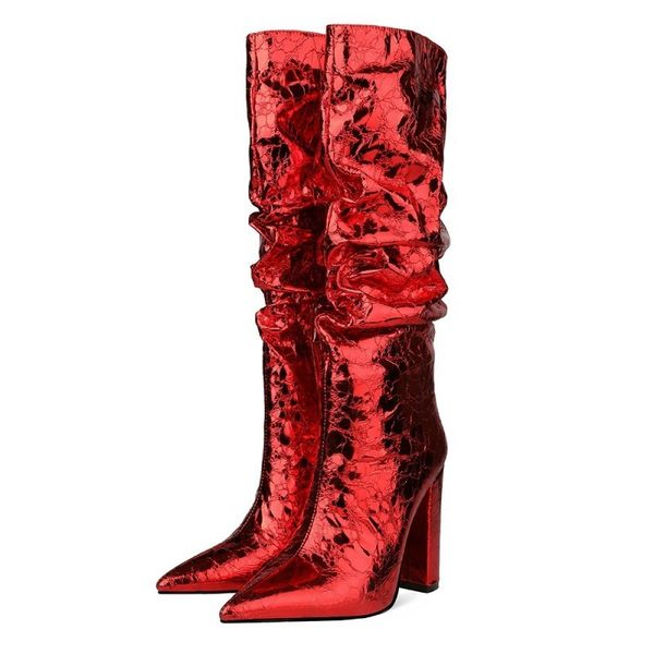 red bling silver plied chunky heel knee high-heeled pointed to the bright lady crackle leather long boots hkjg, Black
red bling silver plied chunky heel knee high-heeled pointed to the bright lady crackle leather long boots hkjg, Black