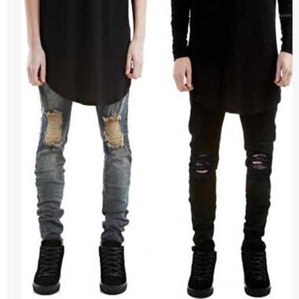 wholesale-slim elastic ripped biker jeans men hip hop men skinny jeans men jeans denim pants feet1, Blue