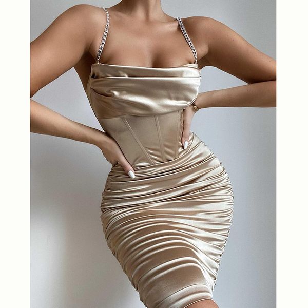 summer fashion women party clothes pleated rhinestone spaghetti straps boned bodycon satin midi dresses, White;black
summer fashion women party clothes pleated rhinestone spaghetti straps boned bodycon satin midi dresses, White;black