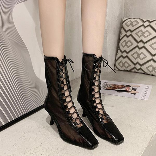 women boots 2020 summer thin heels shoes mesh lace up square toe high heels boots woman cross tied fashion sandals, Black
women boots 2020 summer thin heels shoes mesh lace up square toe high heels boots woman cross tied fashion sandals, Black