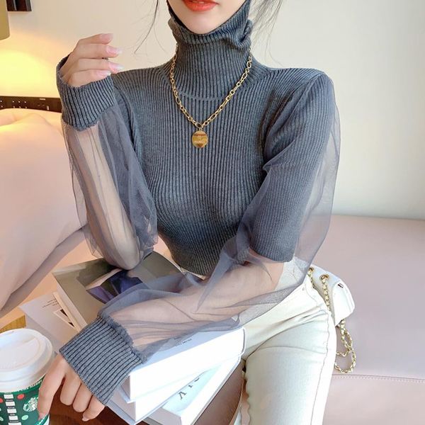 ladies autumn winter knitted turtleneck women's clothing perspective puff sleeve pullovers korean clothes female sweater, White;black 
ladies autumn winter knitted turtleneck women's clothing perspective puff sleeve pullovers korean clothes female sweater, White;black