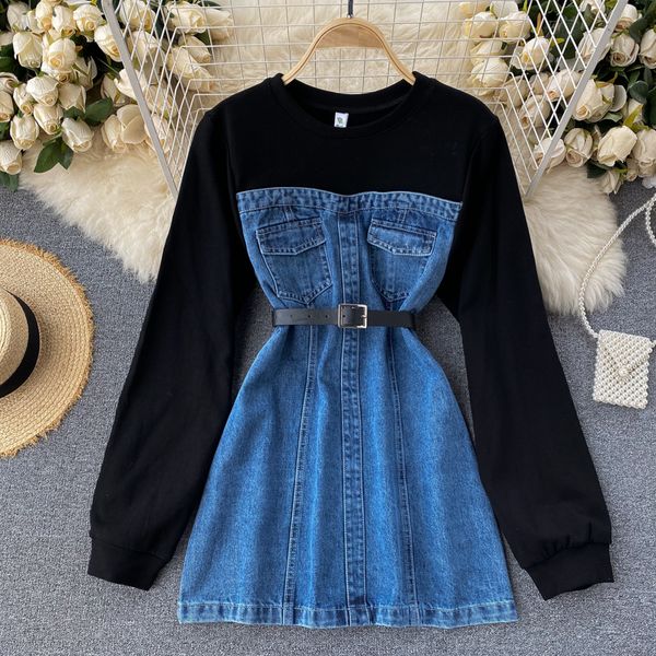 a line long sleeve women hoodies denim dress 2022 new fashion cotton sweatshirt patchwork mini jeans with belt, Black;gray
a line long sleeve women hoodies denim dress 2022 new fashion cotton sweatshirt patchwork mini jeans with belt, Black;gray