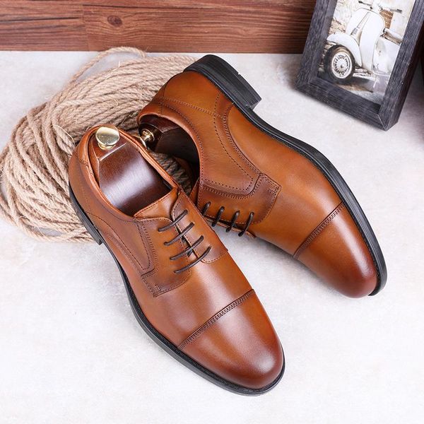 dress shoes leather lace up elegant men's business three joint wedding, Black