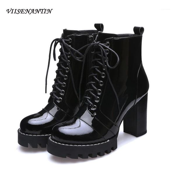 boots european and american patent leather women's round toe thick waterproof platform high-heeled lace-up ankle boots1, Black
boots european and american patent leather women's round toe thick waterproof platform high-heeled lace-up ankle boots1, Black