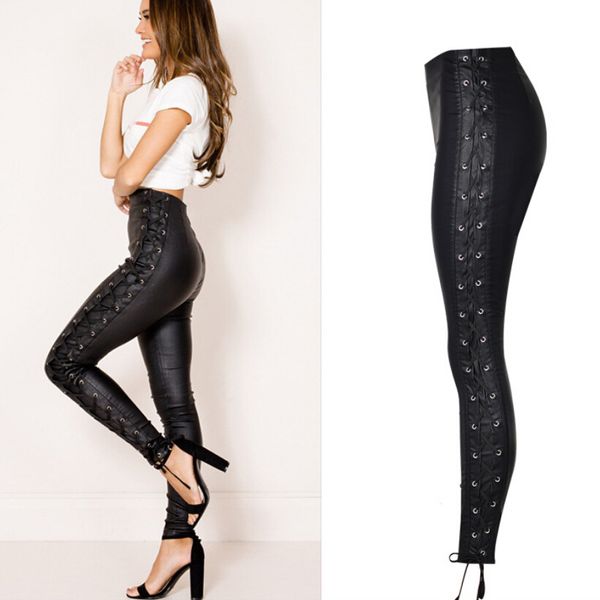2021 female imitation leather skinny lace up elastic pants woman high waist black leggings plus pantalon size sjap, Black;white
2021 female imitation leather skinny lace up elastic pants woman high waist black leggings plus pantalon size sjap, Black;white