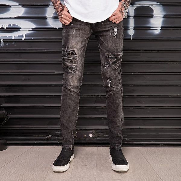 men's jeans fashion vintage hip-hop style motorcycle slim biker cotton ripped streetwear men denim cargo trousers, Blue
men's jeans fashion vintage hip-hop style motorcycle slim biker cotton ripped streetwear men denim cargo trousers, Blue
