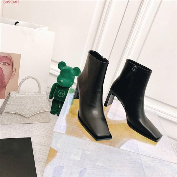 new autumn winter classic leather ankle boot, square head flat block high heel zipper fashionable ankle boot original packaging, Black