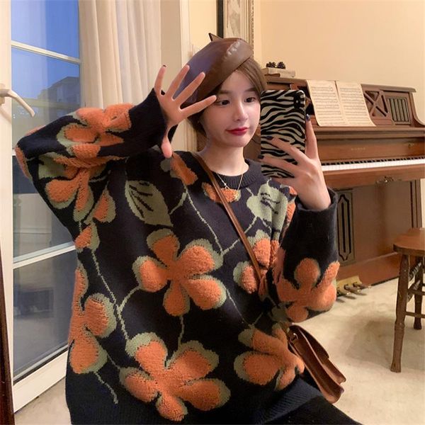 women's sweaters loose pullover 2021 autumn winter thick sweater sweet fluffy flower jacquard women casual o neck, White;black
women's sweaters loose pullover 2021 autumn winter thick sweater sweet fluffy flower jacquard women casual o neck, White;black