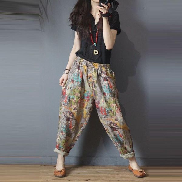 2020 summer new arts style women elastic waist ankle-length loose pants vintage print cotton linen harem pants plus size m194, Black;white
2020 summer new arts style women elastic waist ankle-length loose pants vintage print cotton linen harem pants plus size m194, Black;white