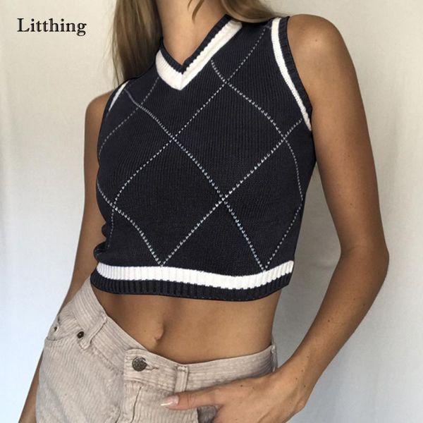 women's vests 2021 brown argyle vintage y2k cropped sweater vest autumn sleeveless knit pullover preppy style casual plaid knitwear, Black;white
women's vests 2021 brown argyle vintage y2k cropped sweater vest autumn sleeveless knit pullover preppy style casual plaid knitwear, Black;white