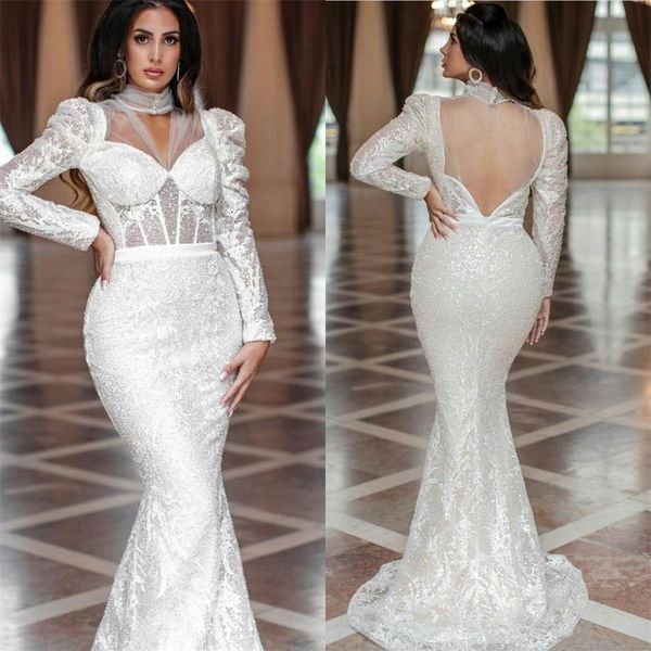 glitter sequins mermaid wedding dresses high neck long sleeves bridal dress sheer back sweep train custom made vestidos de novia, White
glitter sequins mermaid wedding dresses high neck long sleeves bridal dress sheer back sweep train custom made vestidos de novia, White