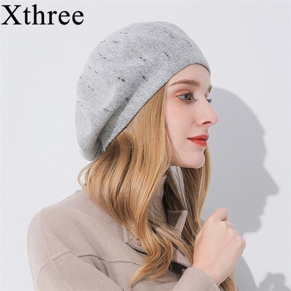 berets xthree winter women's hat cashmere beret rhinestone knitted for girl fashion lady cap, Blue;gray 
berets xthree winter women's hat cashmere beret rhinestone knitted for girl fashion lady cap, Blue;gray
