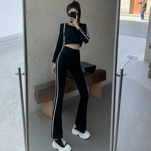 short hooded striped sweater micro trumpet casual pants autumn new fashion two piece women's set1, Gray
short hooded striped sweater micro trumpet casual pants autumn new fashion two piece women's set1, Gray