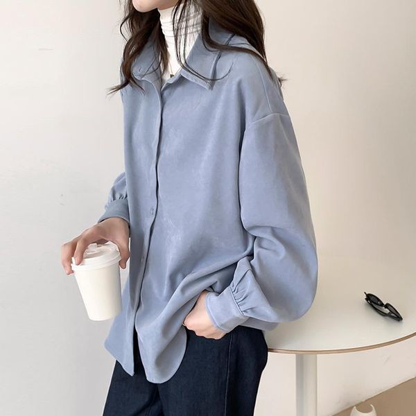 women's blouses & shirts winter casual women turn-down collar lantern sleeve light blue loose elegant corduroy famale, White
women's blouses & shirts winter casual women turn-down collar lantern sleeve light blue loose elegant corduroy famale, White
