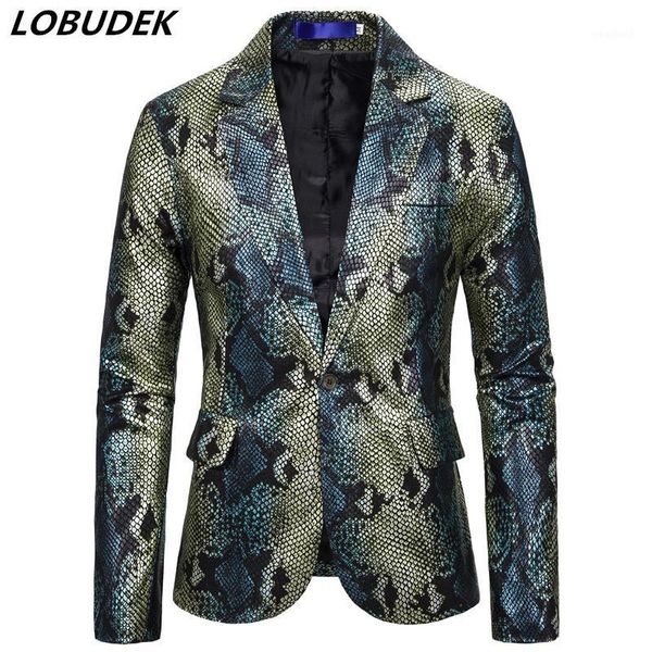 men's suits & blazers men thin tide male singer club stage costume silver green snake skin pattern blazer one button slim fit casual co, White;black
men's suits & blazers men thin tide male singer club stage costume silver green snake skin pattern blazer one button slim fit casual co, White;black