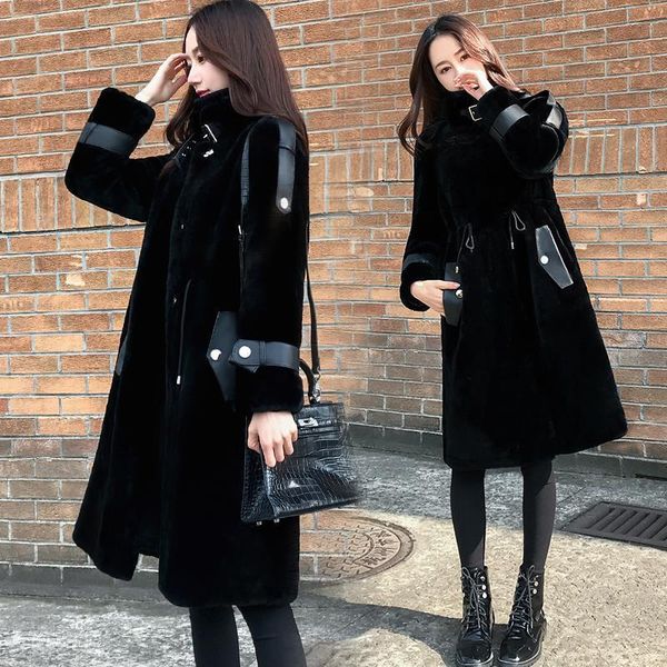 new winter sheep shearling plush faux fur long coat, Black