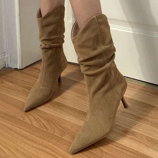 boots women's natural suede leather thin high heel elegant ladies mid-calf autumn warm plush half pleated fashion shoes, Black
boots women's natural suede leather thin high heel elegant ladies mid-calf autumn warm plush half pleated fashion shoes, Black