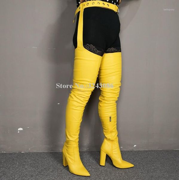 women yellow color leather chunky heel waist pants long boots fashion pointed toe belt over the knee thigh high boots lady1, Black
women yellow color leather chunky heel waist pants long boots fashion pointed toe belt over the knee thigh high boots lady1, Black