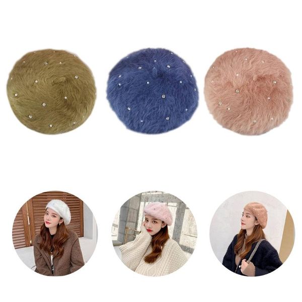 berets women winter fuzzy plush beret cap glitter rhinestone faux pearl embellished french style solid color painter pumpkin beanie hat, Blue;gray
berets women winter fuzzy plush beret cap glitter rhinestone faux pearl embellished french style solid color painter pumpkin beanie hat, Blue;gray