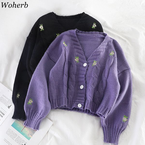 woherb autumn women sweater floral embroidery cardigan jacket korean knit crop coat long sleeve vintage knitting cardigans lj201017, White;black
woherb autumn women sweater floral embroidery cardigan jacket korean knit crop coat long sleeve vintage knitting cardigans lj201017, White;black