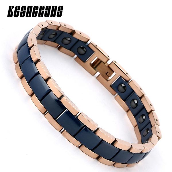 link, chain magnetic health care elements blue ceramic & rose gold stainless steel bracelets fashion jewelry for women men gifts, Black
link, chain magnetic health care elements blue ceramic & rose gold stainless steel bracelets fashion jewelry for women men gifts, Black