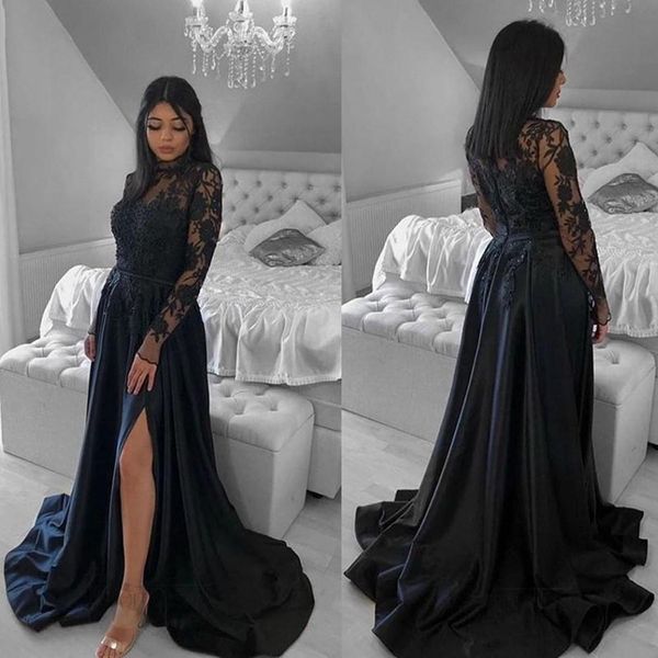 black prom dress long sleeves lace appliques side split sweep train formal evening wear robes de soirée
black prom dress long sleeves lace appliques side split sweep train formal evening wear robes de soirée