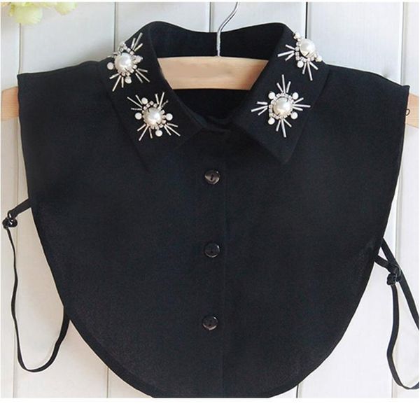 women chiffon lapel dickey false collar rhinestone pearl beading floral detachable half shirt blouse sweater a qylwqk, White