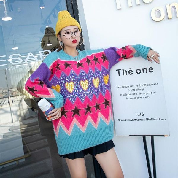korean version hit color sequins love loose large size pullover mid-length long-sleeved sweaters women1, White;black
korean version hit color sequins love loose large size pullover mid-length long-sleeved sweaters women1, White;black