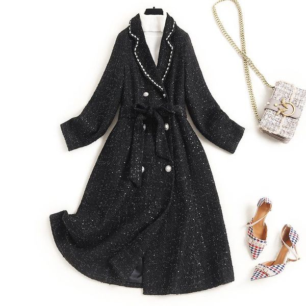 women's wool & blends quality clothing elegant small fragrance coat 2021 winter lapel woolen long 16265, Black
women's wool & blends quality clothing elegant small fragrance coat 2021 winter lapel woolen long 16265, Black