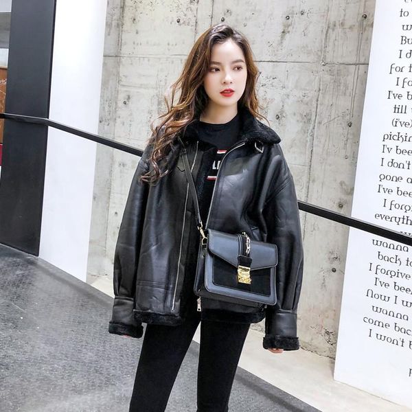 new elegant fashion women spring autumn warm thick lamb wool motorcycle jacket leather coat, Black;brown
new elegant fashion women spring autumn warm thick lamb wool motorcycle jacket leather coat, Black;brown