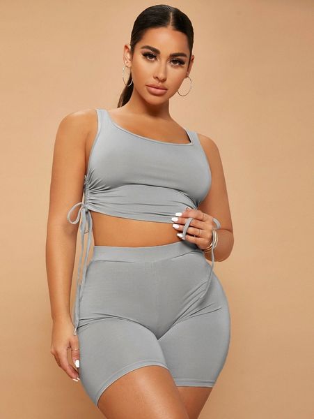 sxy drawstring side crop tank & biker shorts h5a5#, White