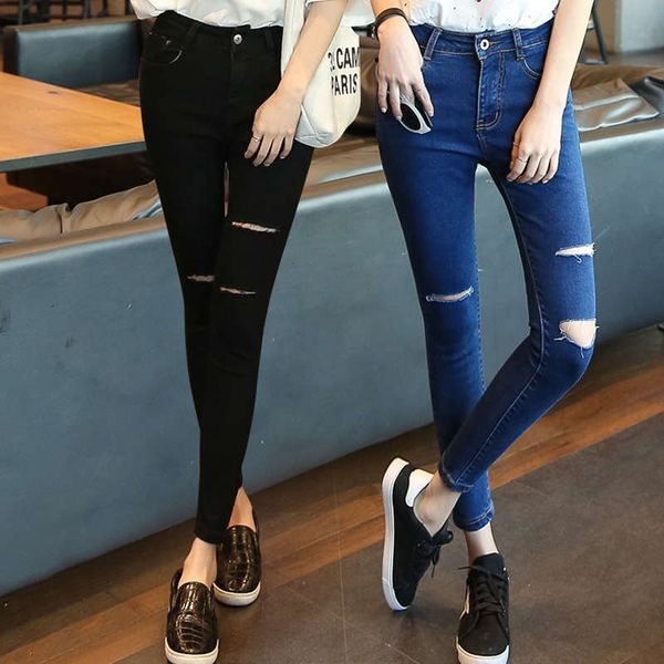 new korean version of broken hole jeans women's slim feet capris high waist elastic pencil pants fashion, Blue
new korean version of broken hole jeans women's slim feet capris high waist elastic pencil pants fashion, Blue
