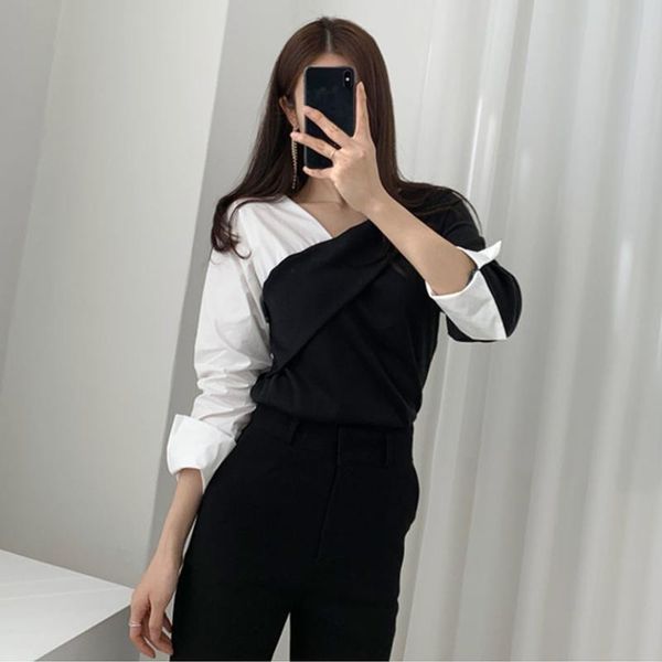 fashionable new black and white contrast stitching irregular shoulder off shoulder blouse
fashionable new black and white contrast stitching irregular shoulder off shoulder blouse