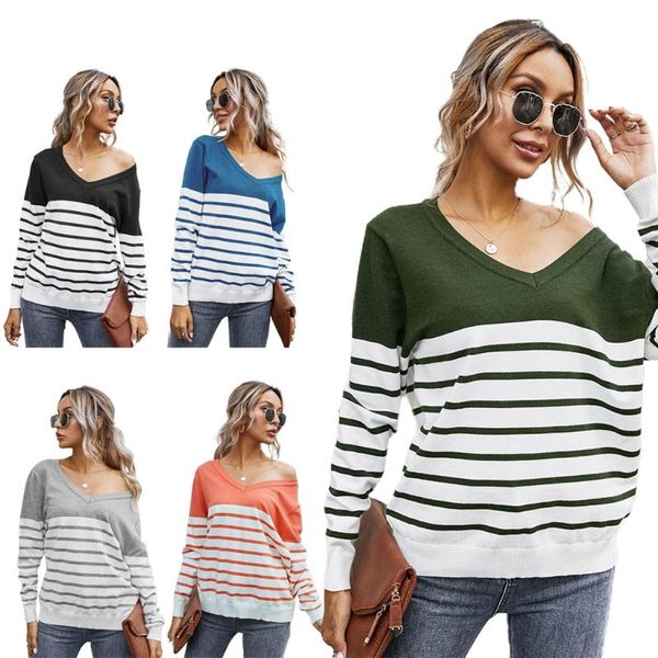 womens v-neck drop shoulder sweater color block stripes knit jumper, White;black
womens v-neck drop shoulder sweater color block stripes knit jumper, White;black