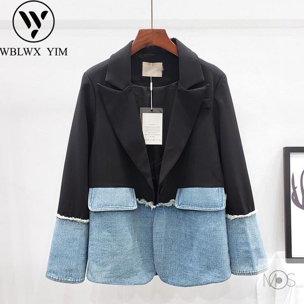 women's suits & blazers fashion denim patchwork women blazer jacket single button black suit female loose irregular coat, White;black
women's suits & blazers fashion denim patchwork women blazer jacket single button black suit female loose irregular coat, White;black