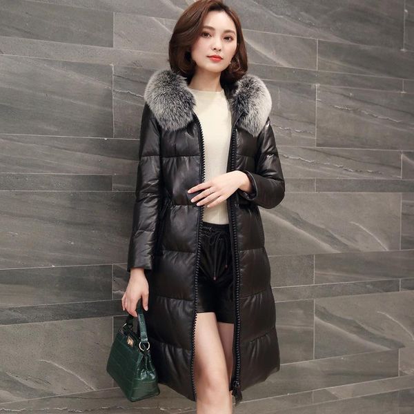 women's leather & faux genuine jacket women long winter down hooded real fur collar korean sheepskin coat for 7001 kj2504, Black
women's leather & faux genuine jacket women long winter down hooded real fur collar korean sheepskin coat for 7001 kj2504, Black