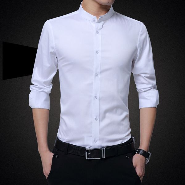 white stand collar men's youth mercerized cotton no iron anti wrinkle groom's man's shirt fashion, White;black
white stand collar men's youth mercerized cotton no iron anti wrinkle groom's man's shirt fashion, White;black